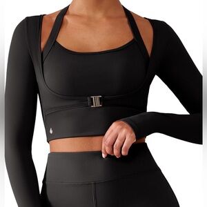 BRXL Long Sleeve Halter Activewear Crop for Women Black Workout Top Size Small